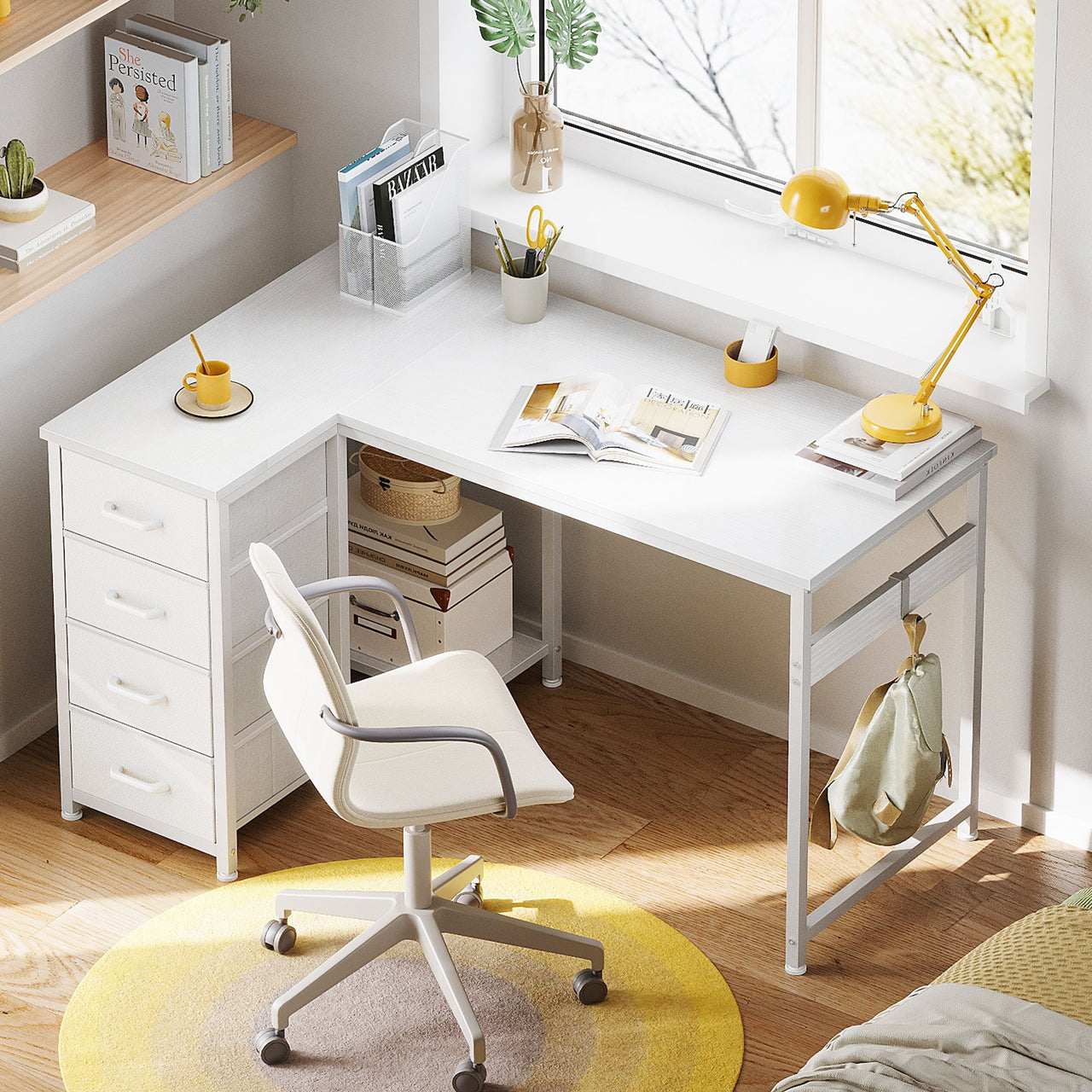 48 inch Computer Desk with 4 Fabric Drawers — Home Office Desks with Storage, Writing Desk with Side Hook,  Desk Study/Work Table for Bedroom and Small Space, White