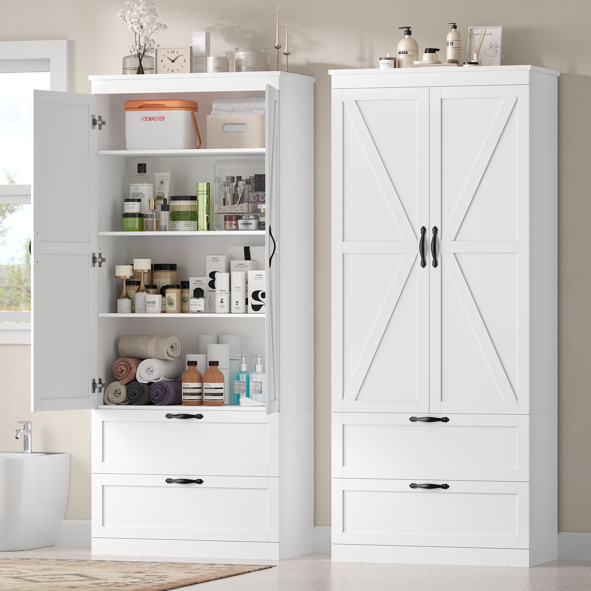 Homfa 70.3"H Bathroom Storage Cabinet, Farmhouse Linen Storage Cabinet with 2 Drawers, White