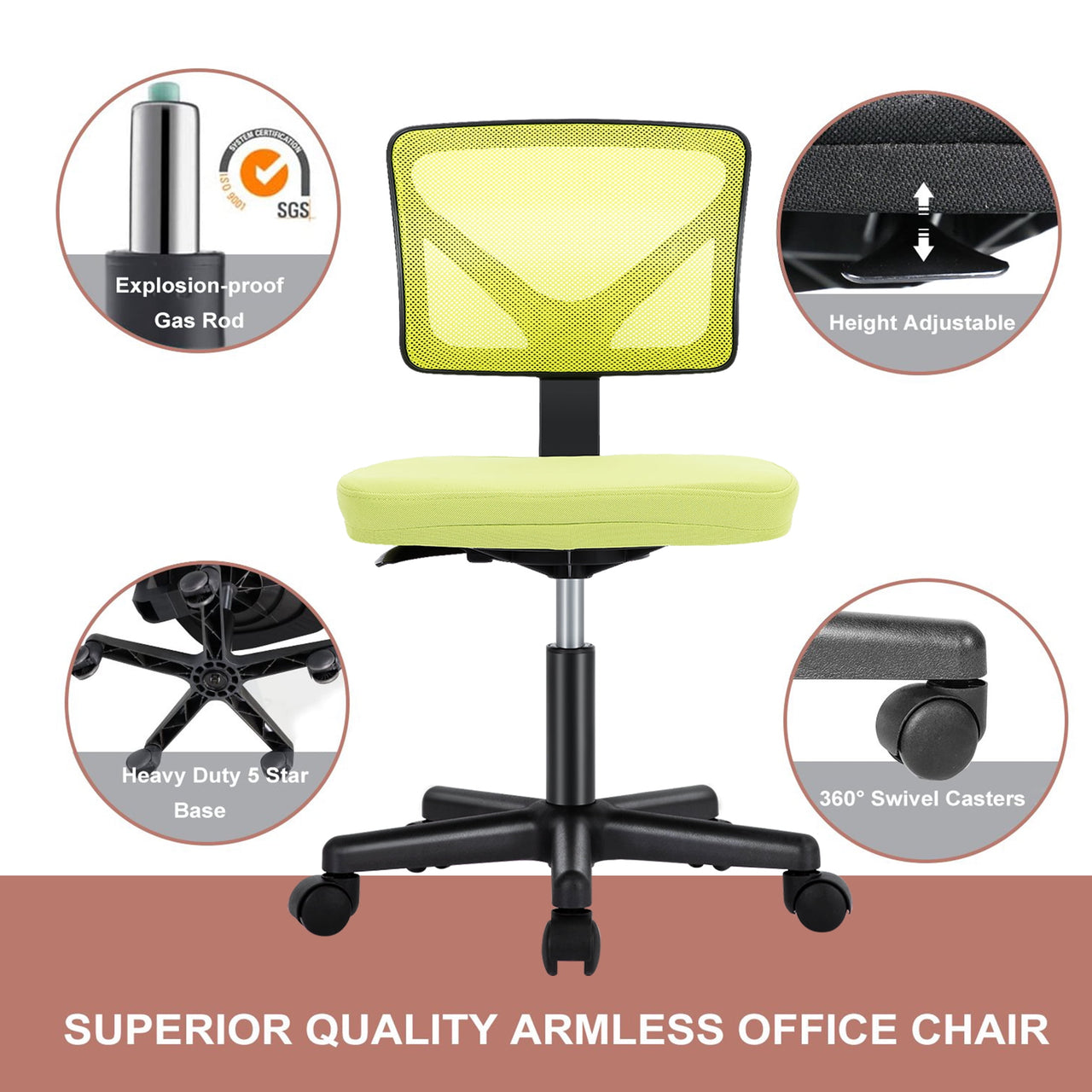 Yoyomax Computer Chair, Armless Ergonomic Desk Chair, Adjustable Swivel Small Office Chair with Lumbar Support and Wheels for Small Spaces, Green