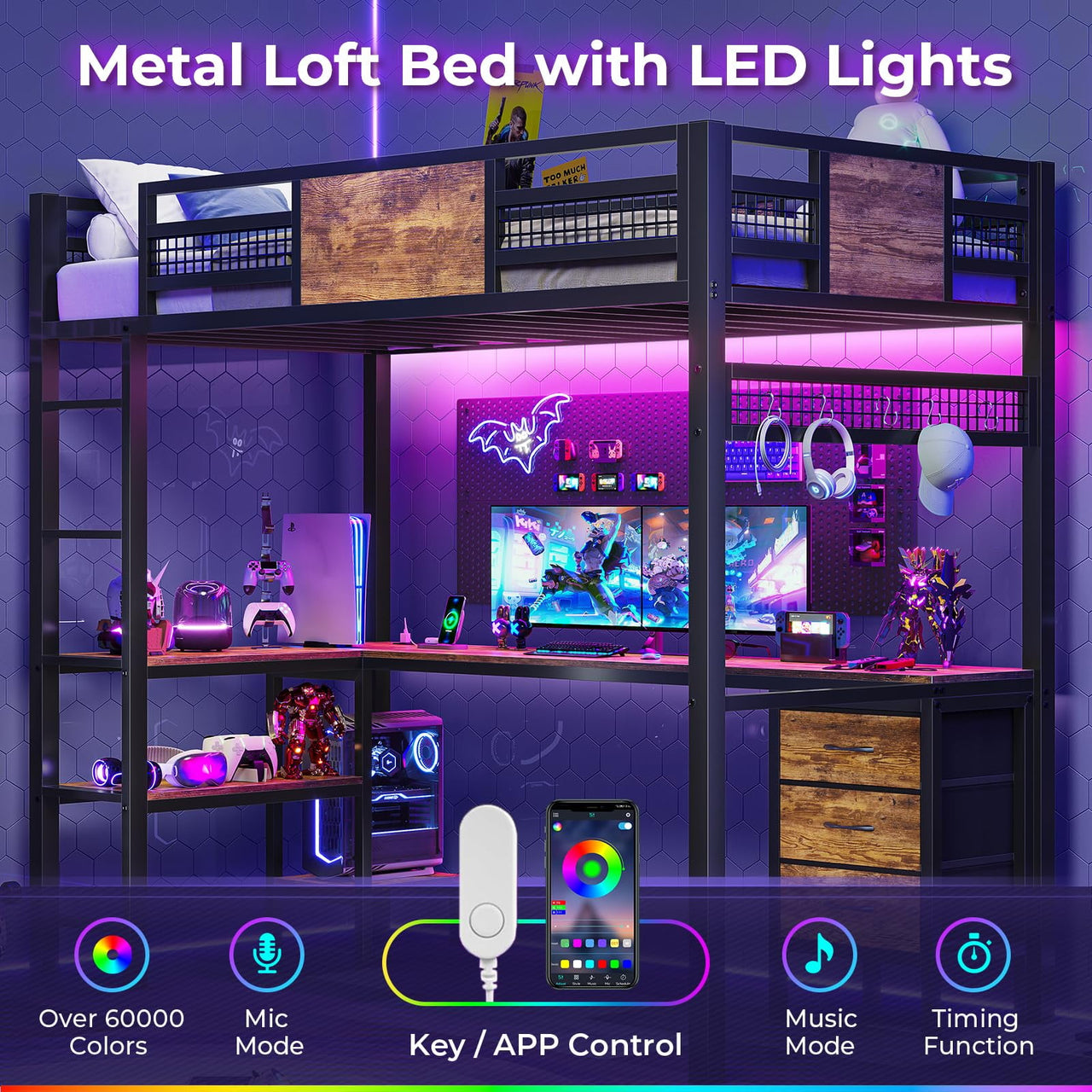 Afuhokles Loft Twin Size Bed with Desk, LED Lights and Charging Station, Metal Loft Bed Frame with Fabric Drawers and Shelves, Black