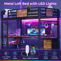 Afuhokles Loft Twin Size Bed with Desk, LED Lights and Charging Station, Metal Loft Bed Frame with Fabric Drawers and Shelves, Black