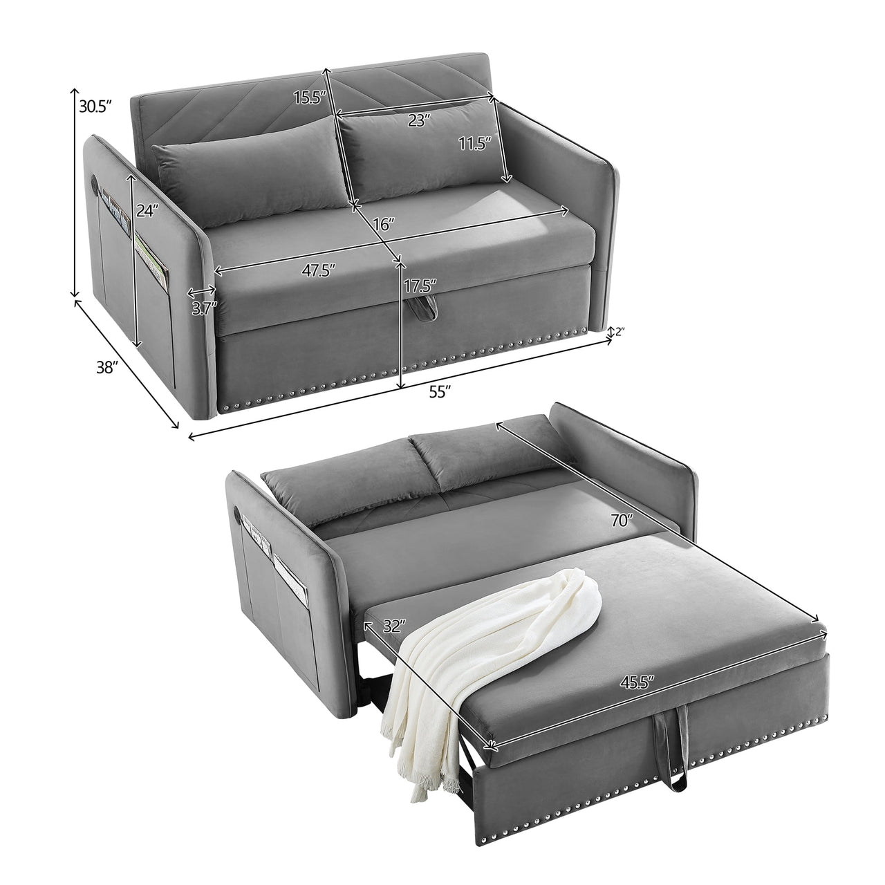 55" Convertible Sleeper Sofa Bed,3 in 1 Convertible Sleeper Loveseat with USB Ports,Modern Velvet Pull Out Sofa Bed with 2 Pillows and Rivet Design for Living Room Furniture,Gray