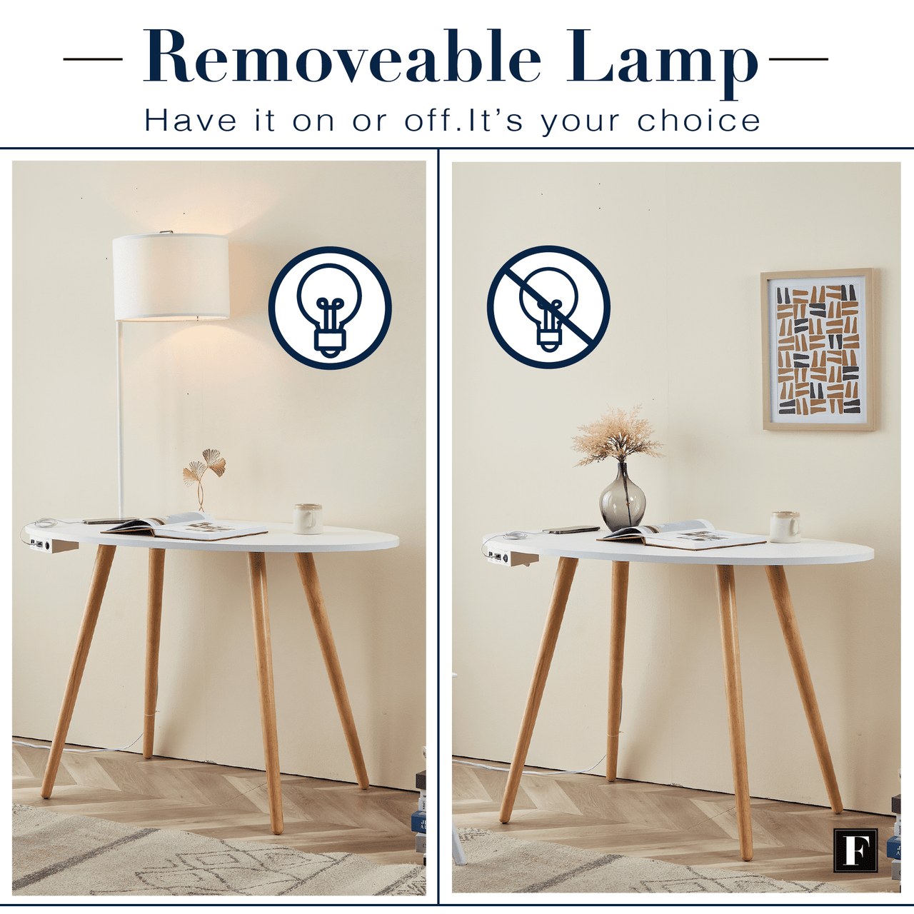 "FENLO Oval Mid-Century Modern Desk with USB-C Charging Station, 45.5"", White"