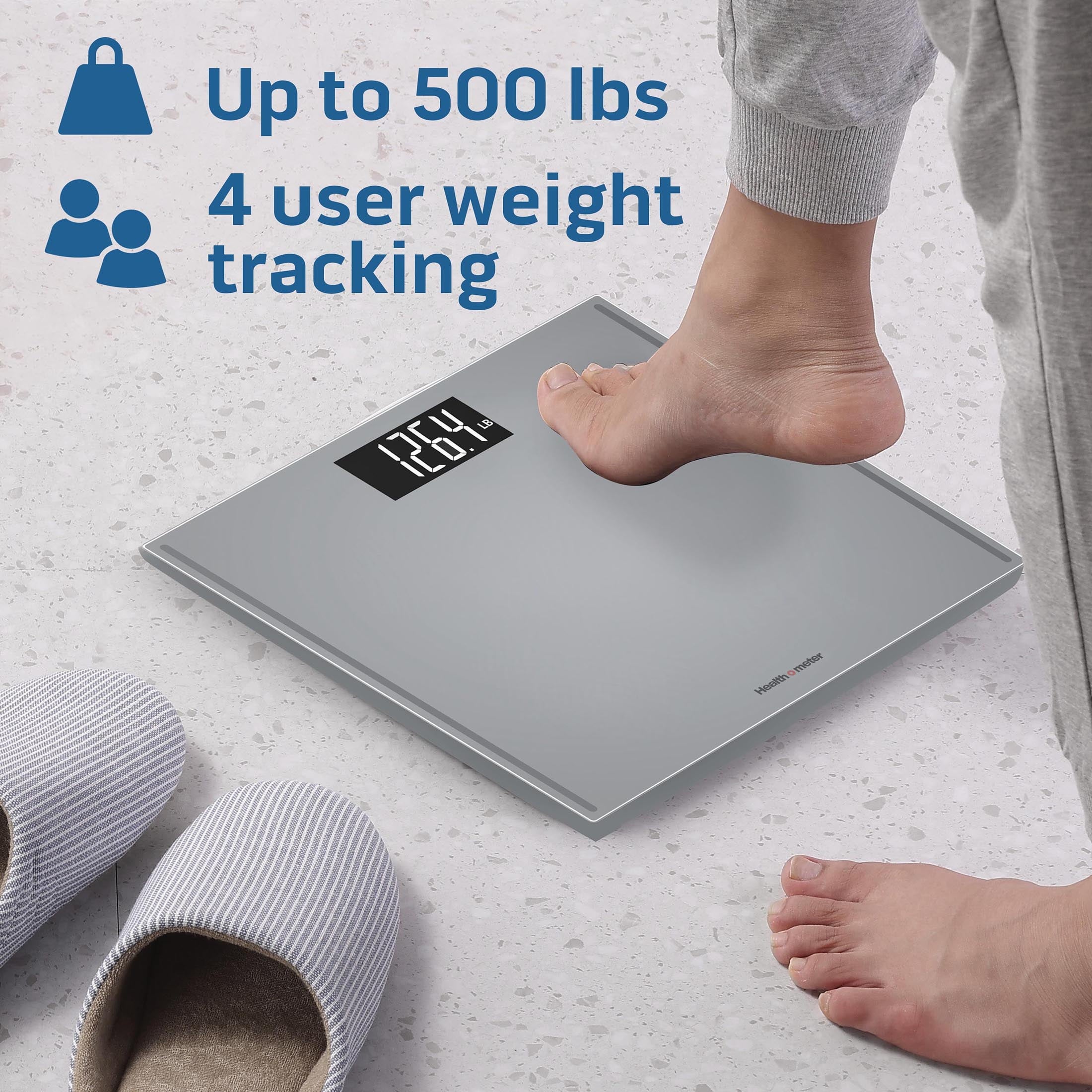 Health o meter Extra Wide Platform Digital Bathroom Scale with Advanced Technology, 500 lb Capacity, Grey