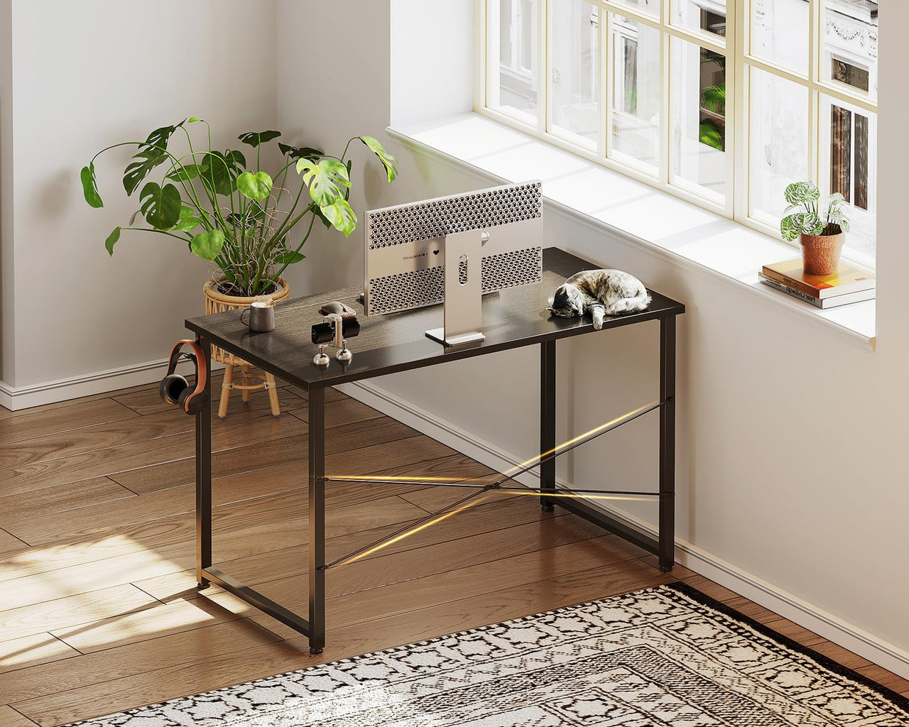 48 inch Large Computer Desk, Study Writing Table for Large Spaces, Simple Home Office Desks with Headphone Hooks, Black