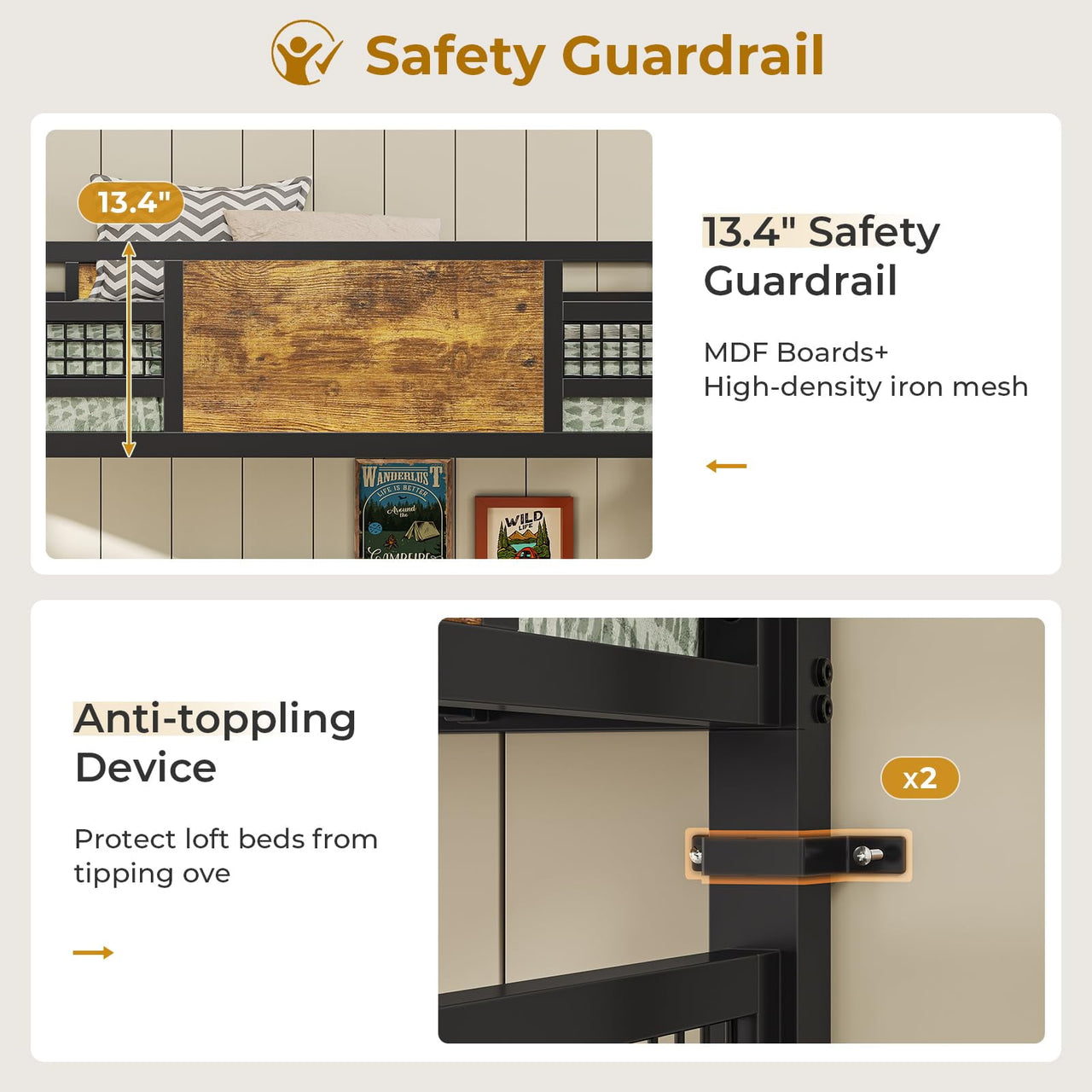 Afuhokles Loft Twin Size Bed with Desk, LED Lights and Charging Station, Metal Loft Bed Frame with Fabric Drawers and Shelves, Black