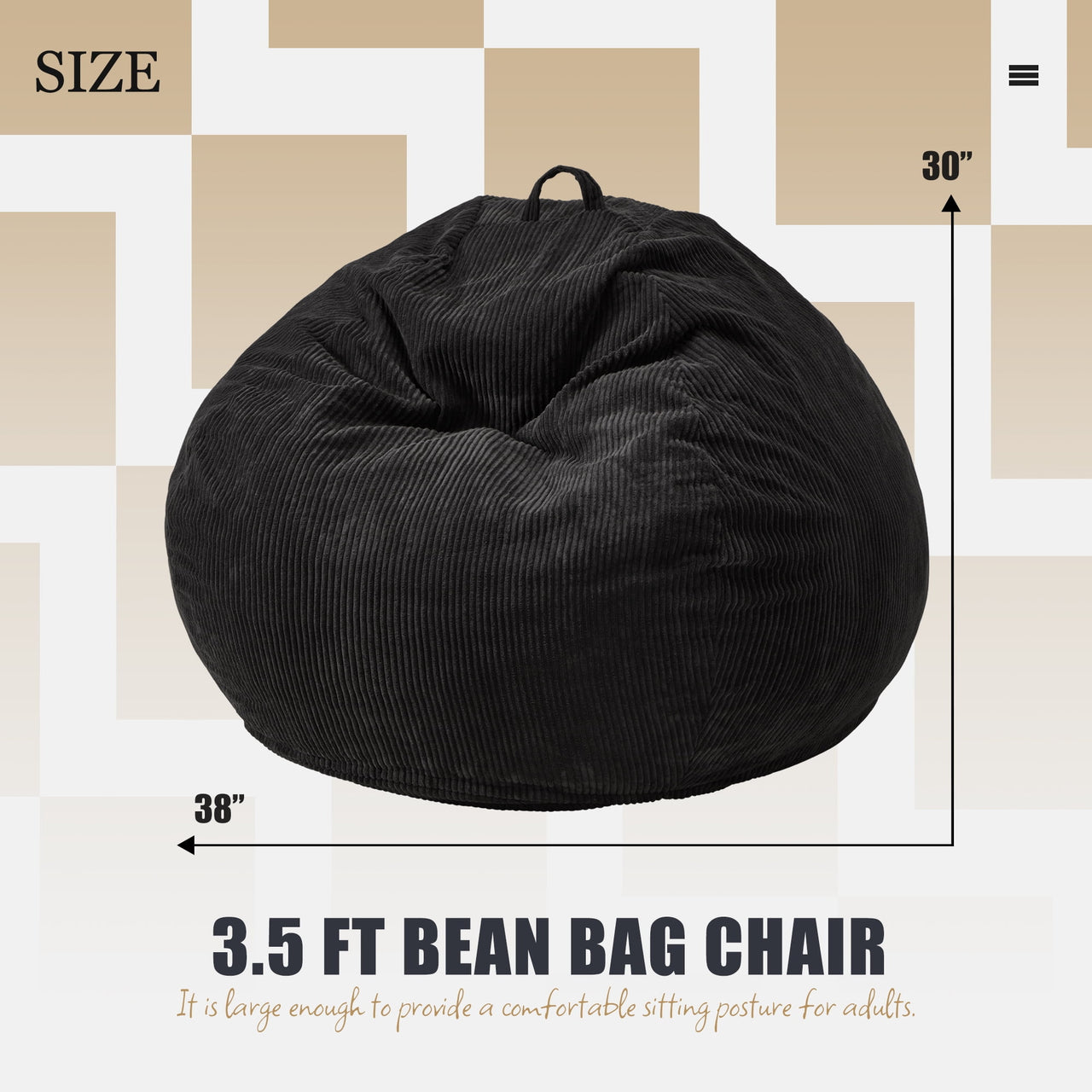 3.5FT Bean Bag Chair Adult Bean Bag Chair Large Bean Bag Chair with Filler Included Teardrop Bean Bag Chair with Removable Cover for Bedroom Living Room - (Large, Black)