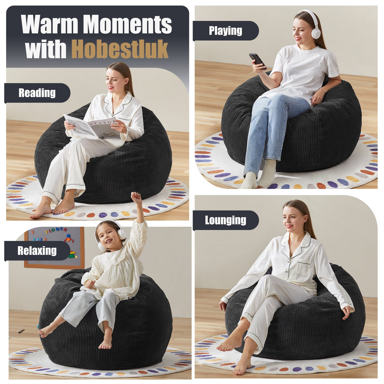 3.5FT Bean Bag Chair Adult Bean Bag Chair Large Bean Bag Chair with Filler Included Teardrop Bean Bag Chair with Removable Cover for Bedroom Living Room - (Large, Black)