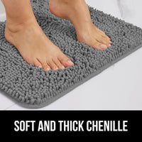GORILLA GRIP Chenille Bath Rug 24x17, Rubber Backing Quick Dry Washable Microfiber Mats, Grey