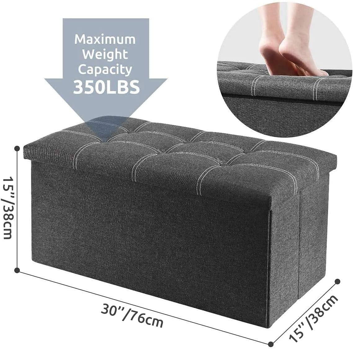 30" Storage Ottoman, Linen Fabric Footrest Stool, 80L Storage Bench, Foldable Ottomans Foot Rest, Footstool Bench for Living Room Bedroom Entryway Stool Gray 30*15*15in