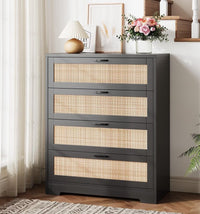 4 Drawer Dresser for Bedroom, Rattan Modern Closet Dressers Chest of Drawers, Wood Dresser for Closet, Living Room, Hallway