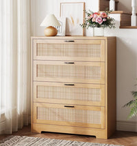4 Drawer Dresser for Bedroom, Rattan Modern Closet Dressers Chest of Drawers, Wood Dresser for Closet, Living Room, Hallway