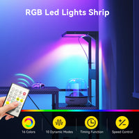 48 inch Gaming Desk with Storage & LED Lights, Reversible Computer Desk with Display Shelves & Fabric Drawer, Modern Gamer Desk Table with Side Headphone Hook, Carbon Fiber Black