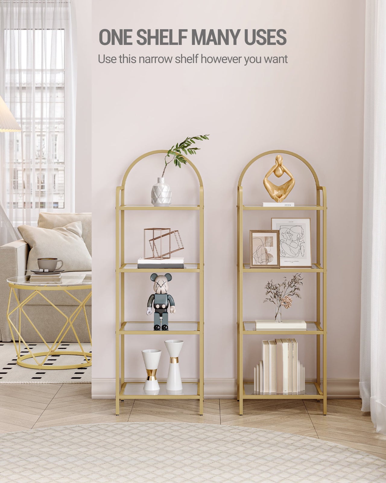 4 Tier Bookcase Bookshelf, Tempered Glass Bookshelves, Slim Shelving Unit for Bedroom, Bathroom