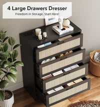 4 Drawer Dresser for Bedroom, Rattan Modern Closet Dressers Chest of Drawers, Wood Dresser for Closet, Living Room, Hallway