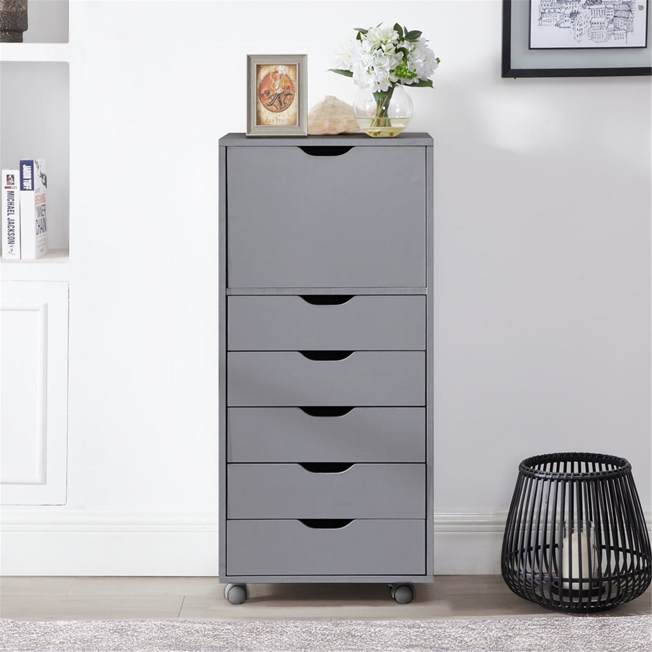 6 Drawer Dresser, Tall Dressers for Bedroom, Kids Dresser with Wheels, Storage Shelves with Drawers, Small Dresser for Closet, Makeup Dresser with 180 lbs Capacity - Grey