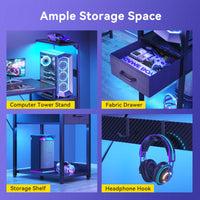 48 inch Gaming Desk with Storage & LED Lights, Reversible Computer Desk with Display Shelves & Fabric Drawer, Modern Gamer Desk Table with Side Headphone Hook, Carbon Fiber Black