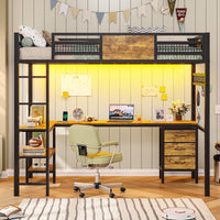 Afuhokles Loft Twin Size Bed with Desk, LED Lights and Charging Station, Metal Loft Bed Frame with Fabric Drawers and Shelves, Black