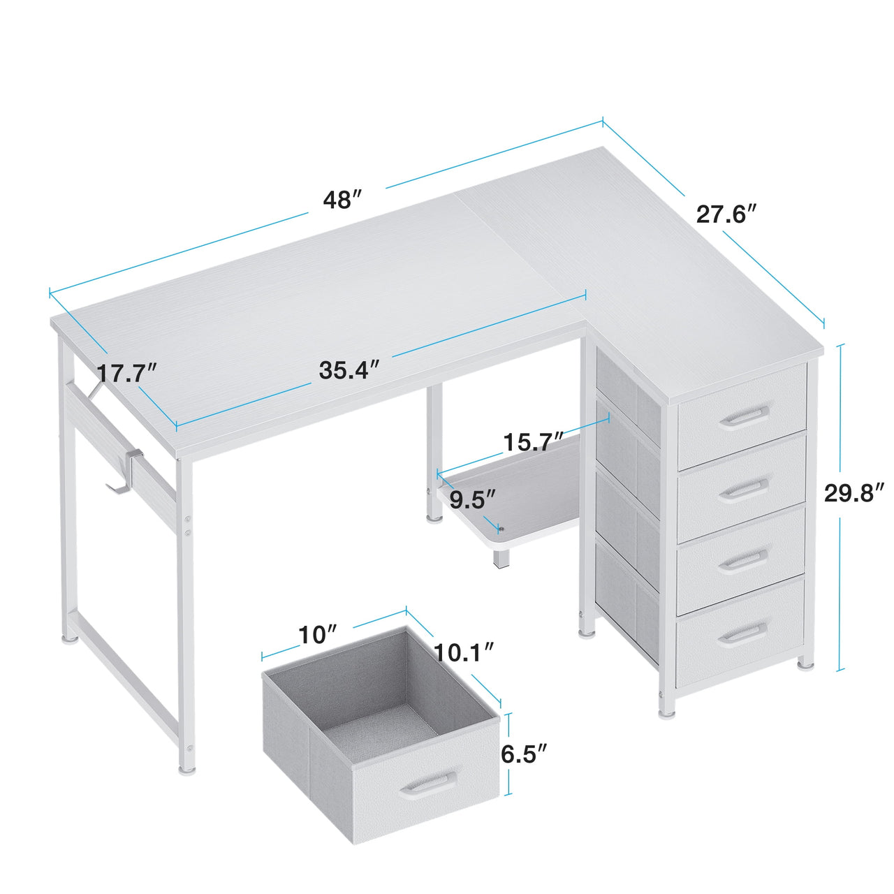 48 inch Computer Desk with 4 Fabric Drawers — Home Office Desks with Storage, Writing Desk with Side Hook,  Desk Study/Work Table for Bedroom and Small Space, White
