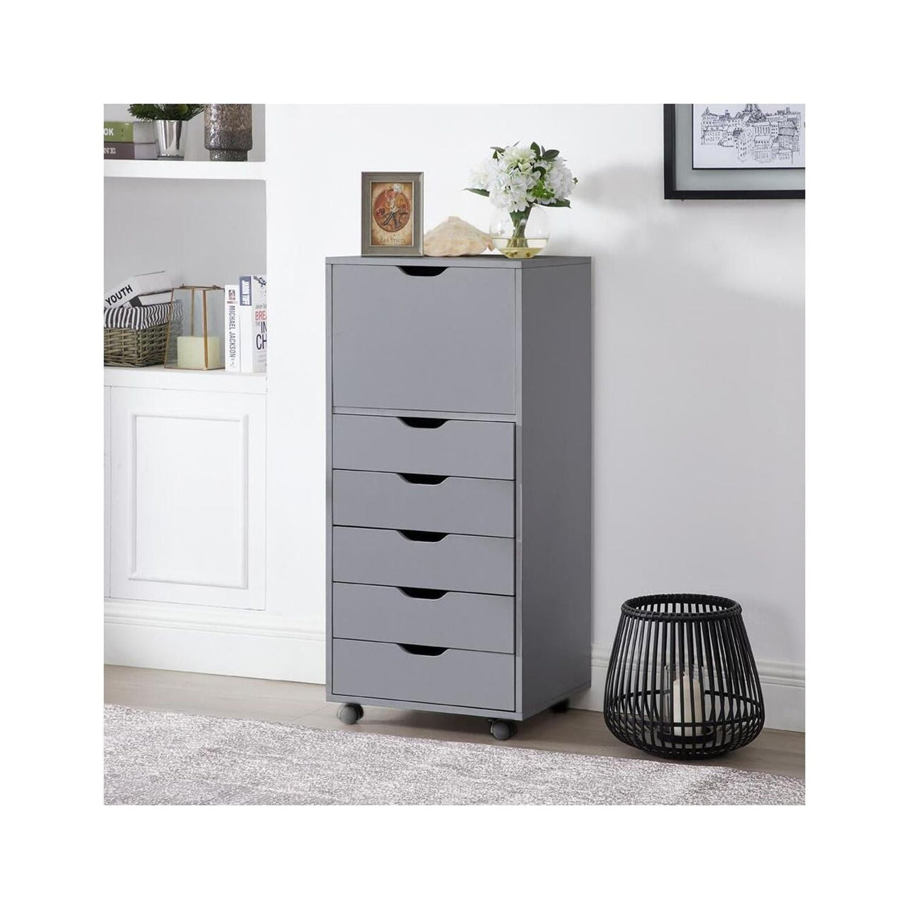 6 Drawer Dresser, Tall Dressers for Bedroom, Kids Dresser with Wheels, Storage Shelves with Drawers, Small Dresser for Closet, Makeup Dresser with 180 lbs Capacity - Grey