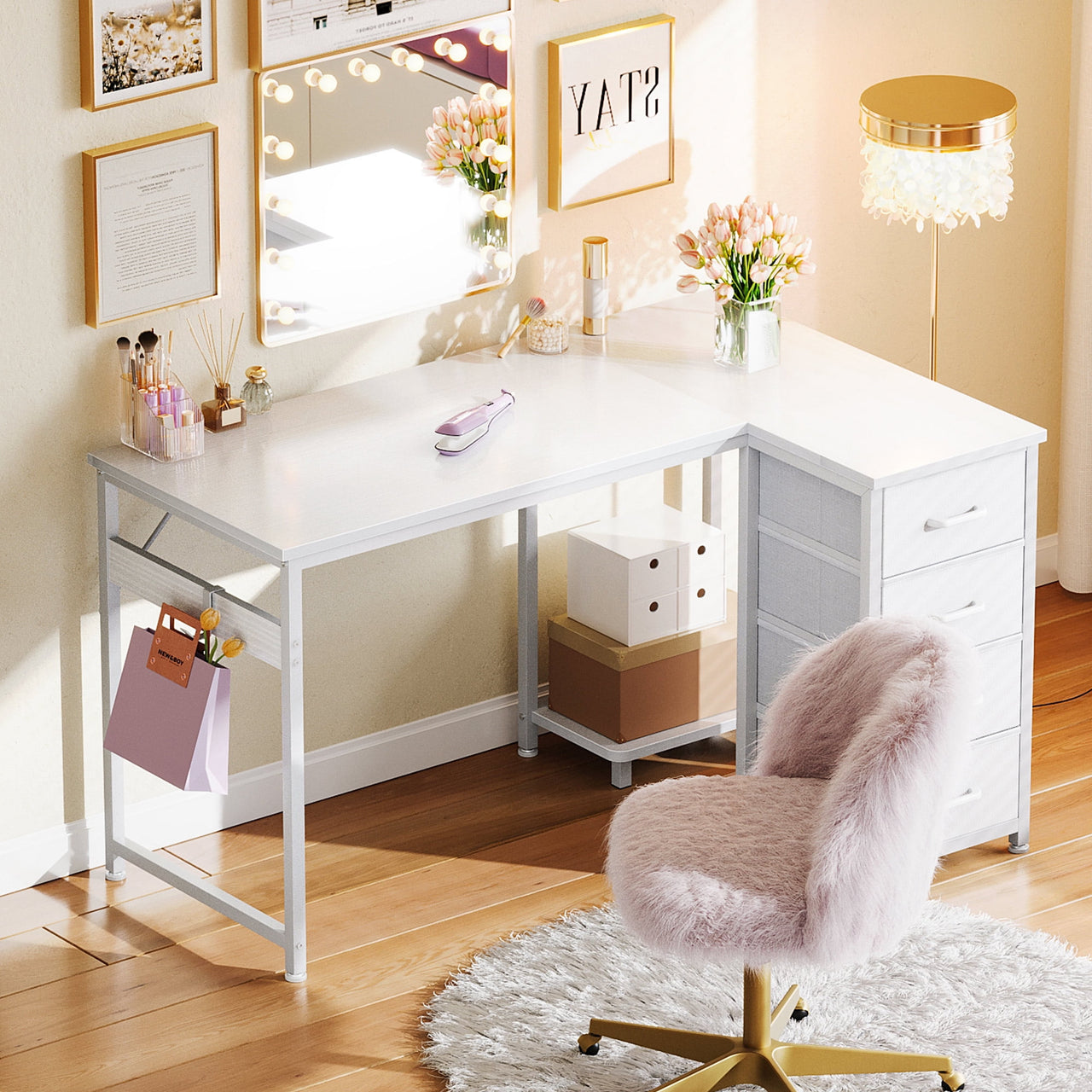 48 inch Computer Desk with 4 Fabric Drawers — Home Office Desks with Storage, Writing Desk with Side Hook,  Desk Study/Work Table for Bedroom and Small Space, White
