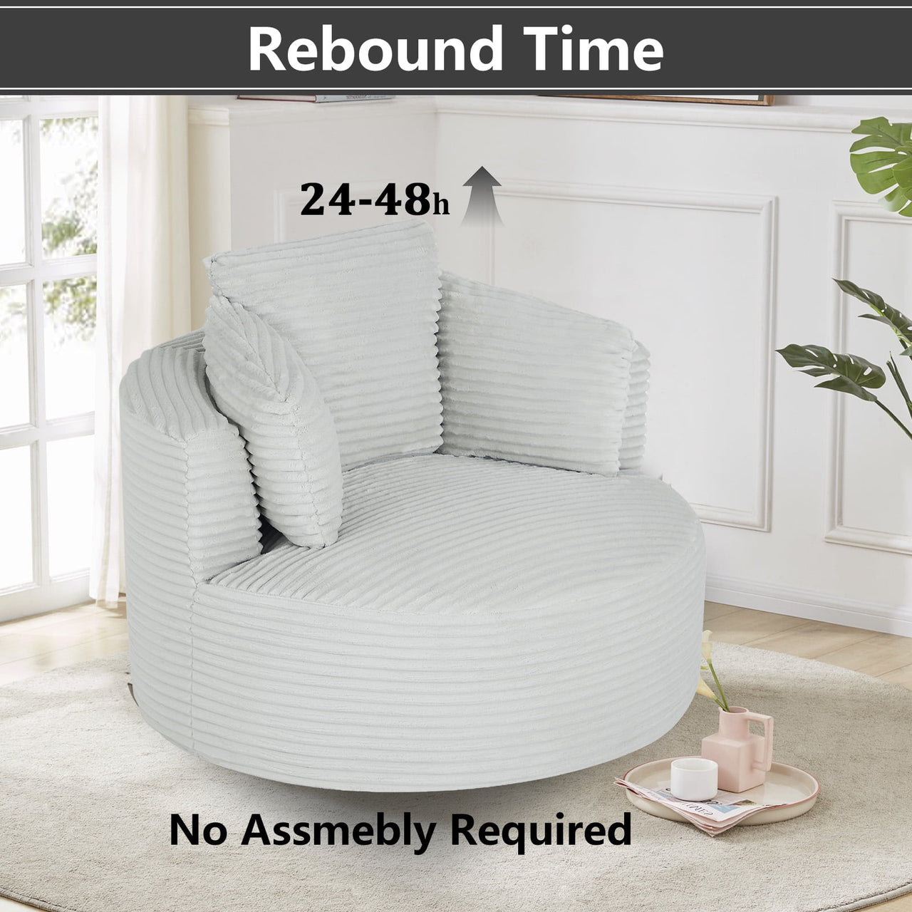 49"Oversized Round Cloud Chair, Corduroy Accent Chair for Living Room, No Assembly Compressed Sofa Seat,Light Gray