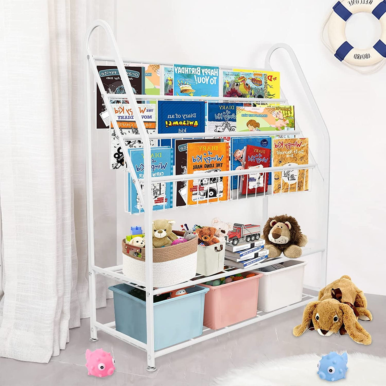 aboxoo Metal Kids Bookshelf Freestanding Bookcase for Children Room 32 in Toy Organizer Large Modern Minimalist White Stable Metel Bookstore Bedroom, Living, Library Book Unit Storage