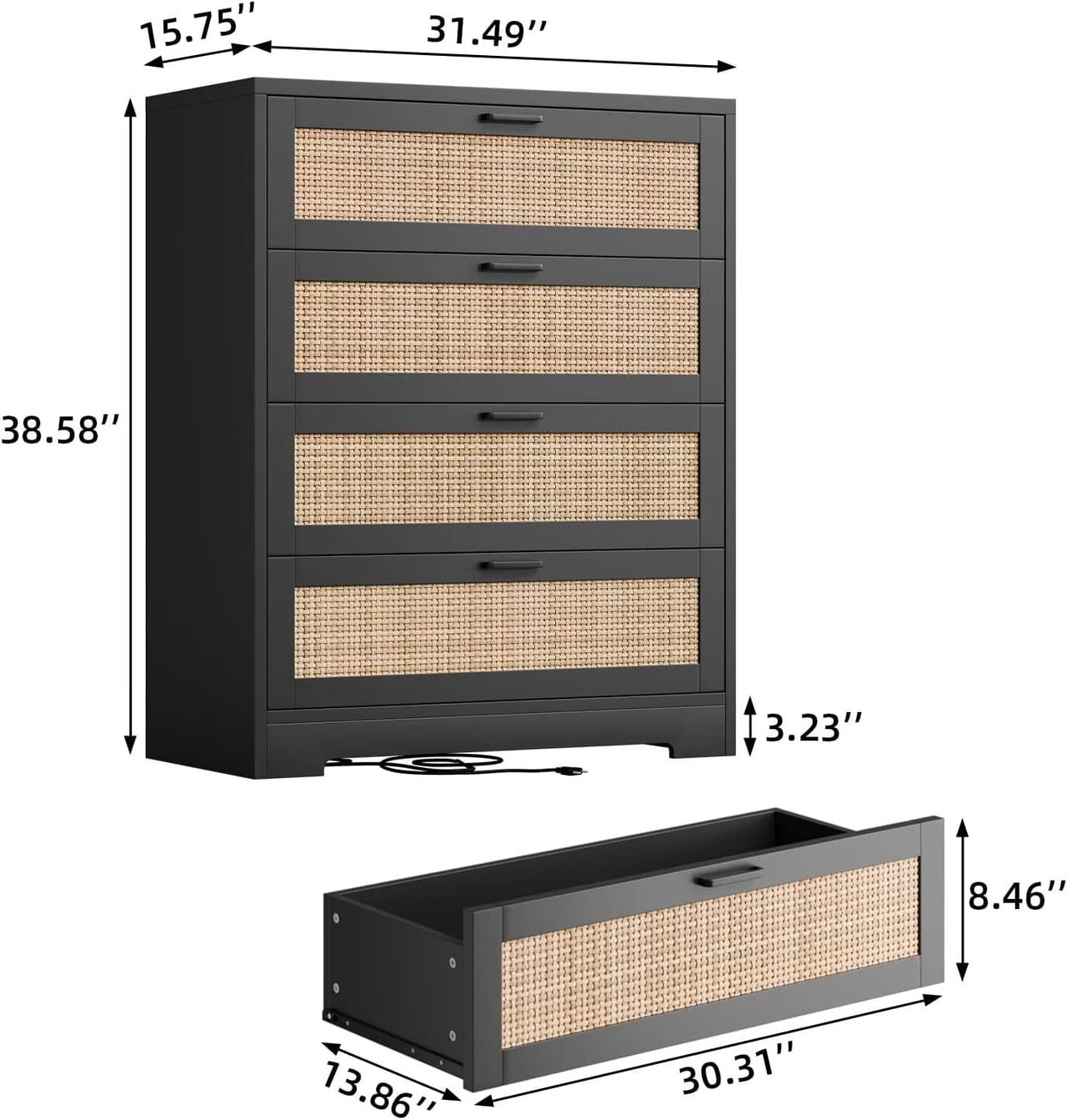 4 Drawer Dresser for Bedroom, Rattan Modern Closet Dressers Chest of Drawers, Wood Dresser for Closet, Living Room, Hallway