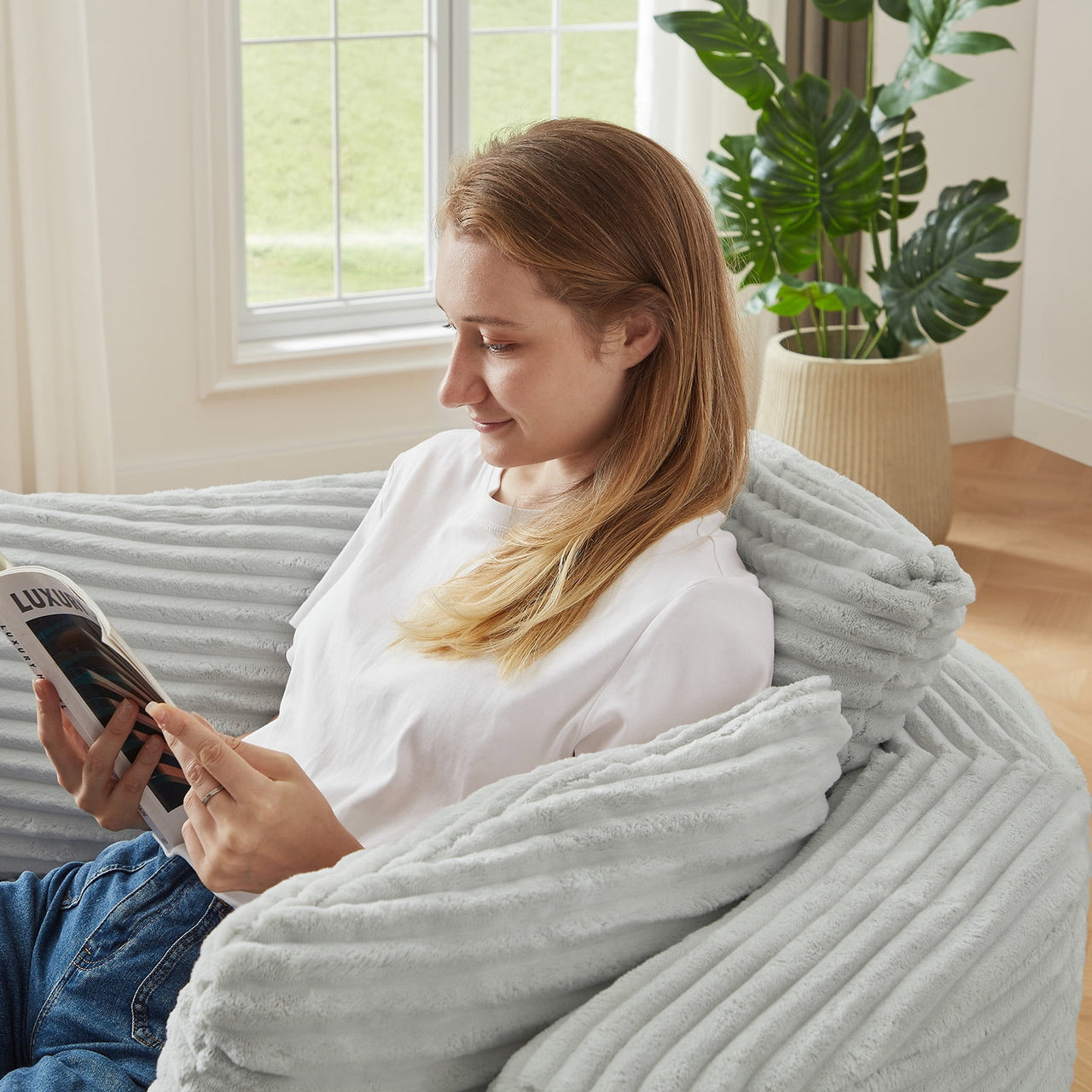 49"Oversized Round Cloud Chair, Corduroy Accent Chair for Living Room, No Assembly Compressed Sofa Seat,Light Gray