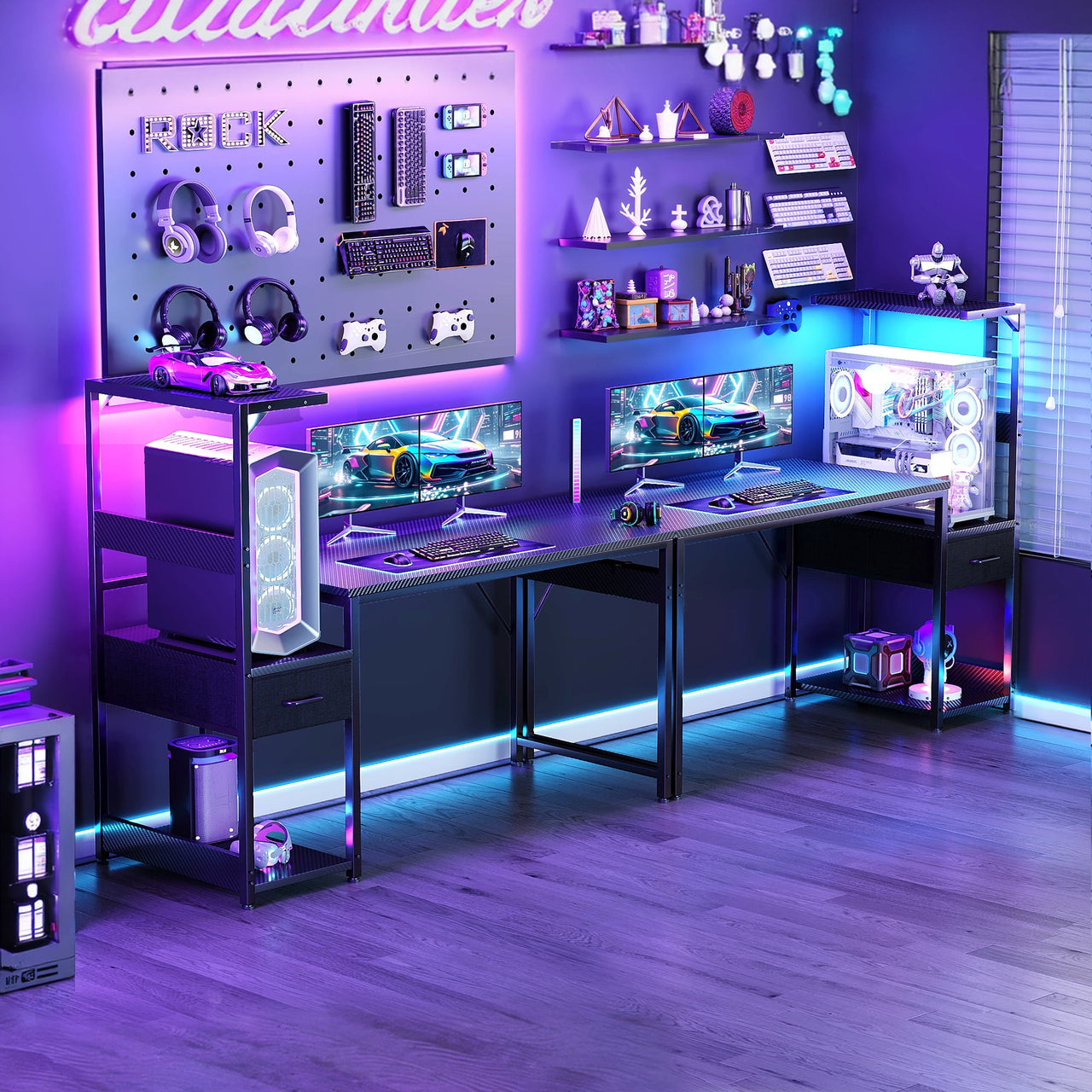 48 inch Gaming Desk with Storage & LED Lights, Reversible Computer Desk with Display Shelves & Fabric Drawer, Modern Gamer Desk Table with Side Headphone Hook, Carbon Fiber Black