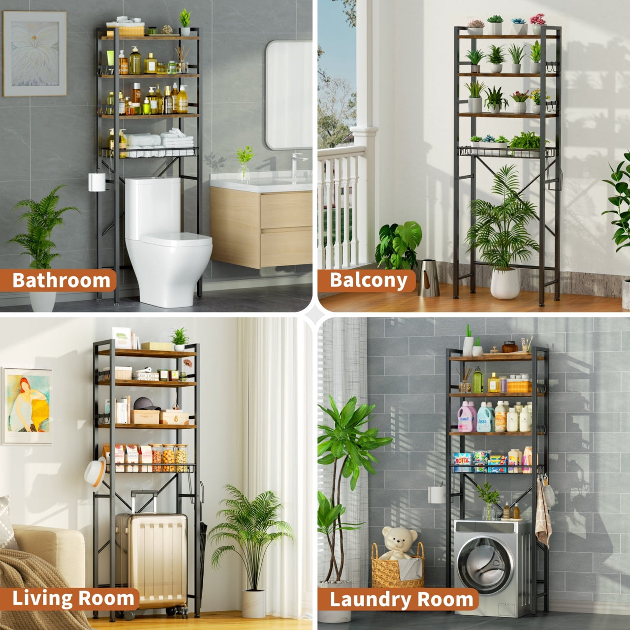 Capri Over The Toilet Storage Shelf, 4-Tier Freestanding Bathroom Organizers and Storage, above Toilet Space Saver Rack with Adjustable Shelves, Toilet Paper Holder and 9-Hooks, Rustic Brown