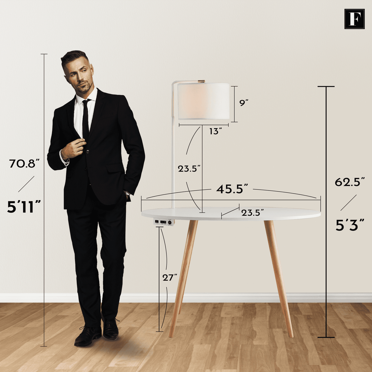 "FENLO Oval Mid-Century Modern Desk with USB-C Charging Station, 45.5"", White"