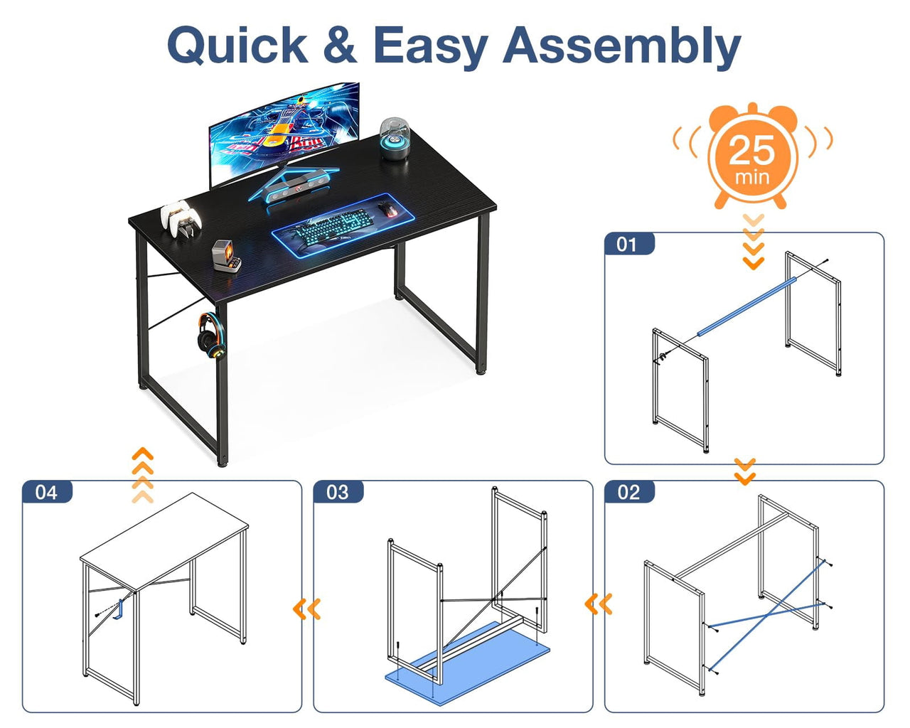 48 inch Large Computer Desk, Study Writing Table for Large Spaces, Simple Home Office Desks with Headphone Hooks, Black
