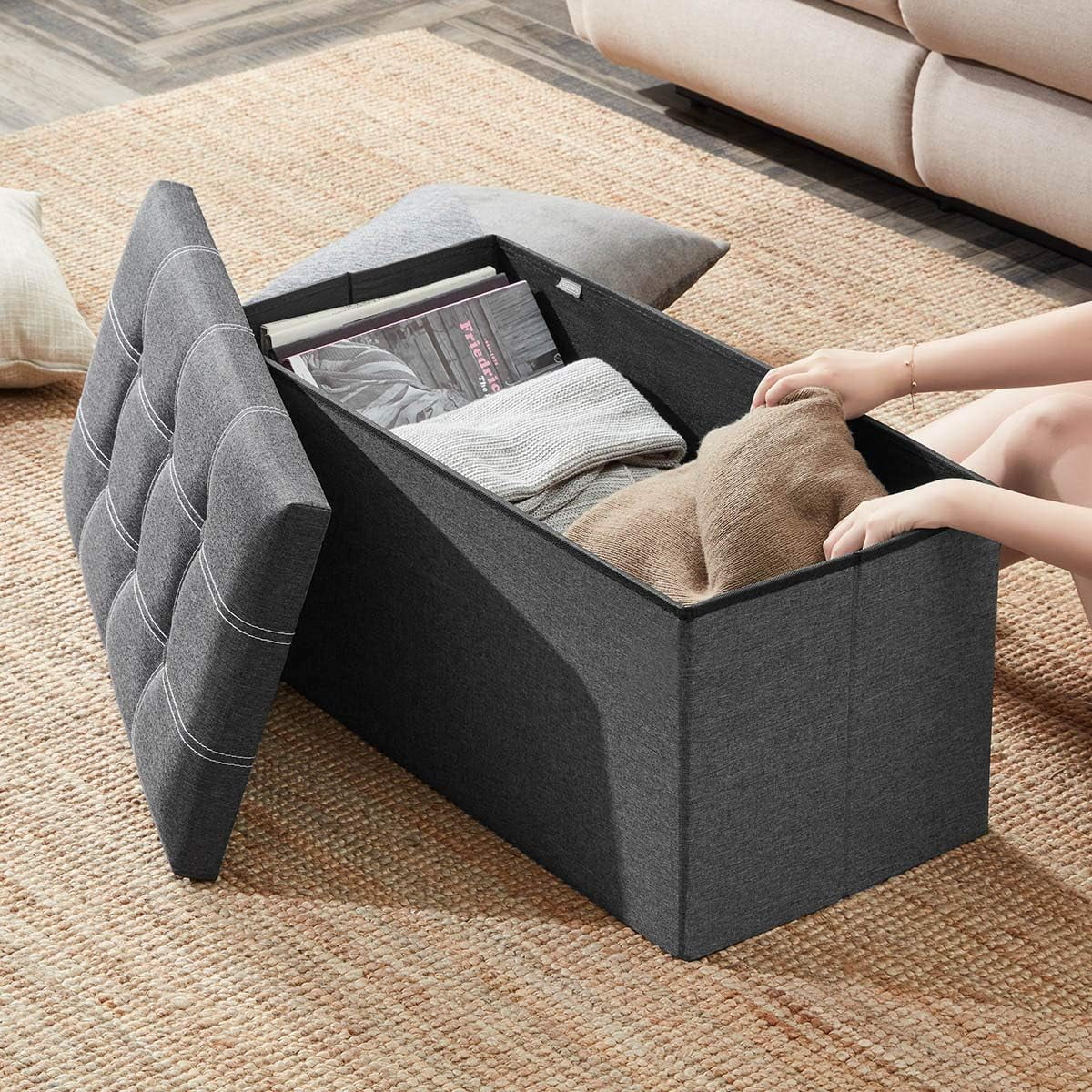 30" Storage Ottoman, Linen Fabric Footrest Stool, 80L Storage Bench, Foldable Ottomans Foot Rest, Footstool Bench for Living Room Bedroom Entryway Stool Gray 30*15*15in