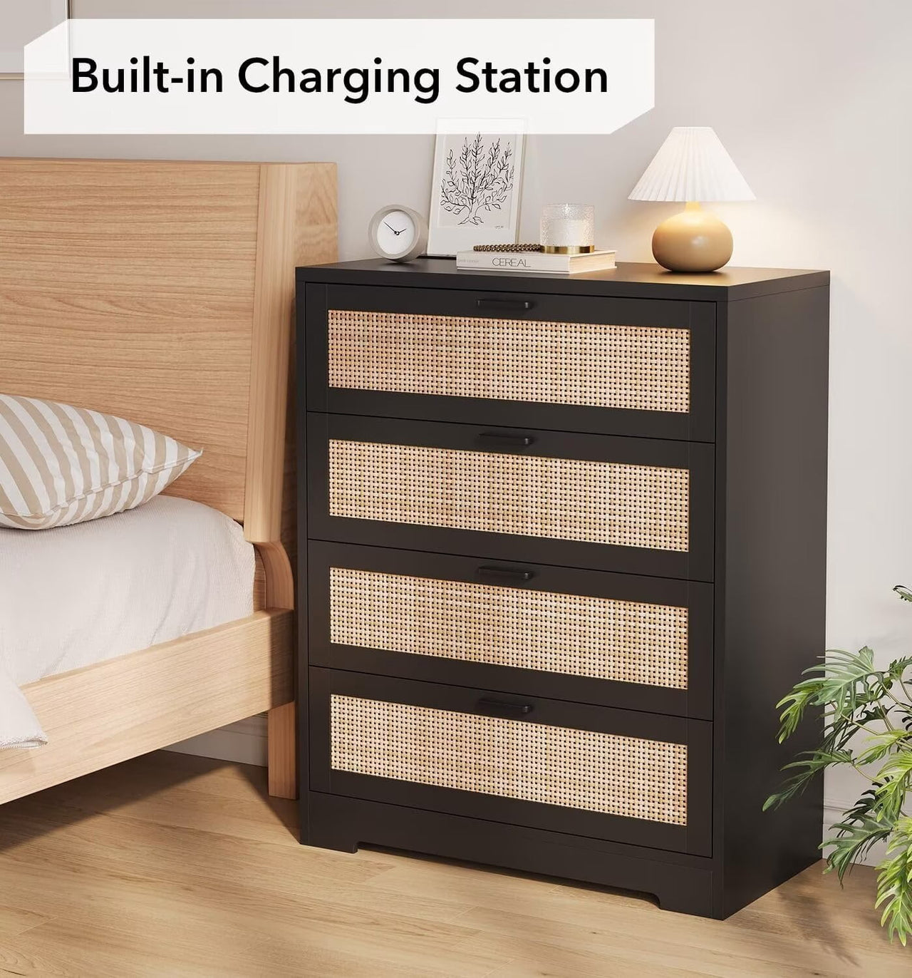 4 Drawer Dresser for Bedroom, Rattan Modern Closet Dressers Chest of Drawers, Wood Dresser for Closet, Living Room, Hallway