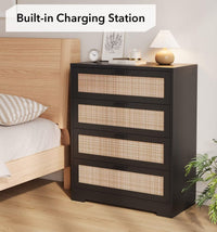 4 Drawer Dresser for Bedroom, Rattan Modern Closet Dressers Chest of Drawers, Wood Dresser for Closet, Living Room, Hallway