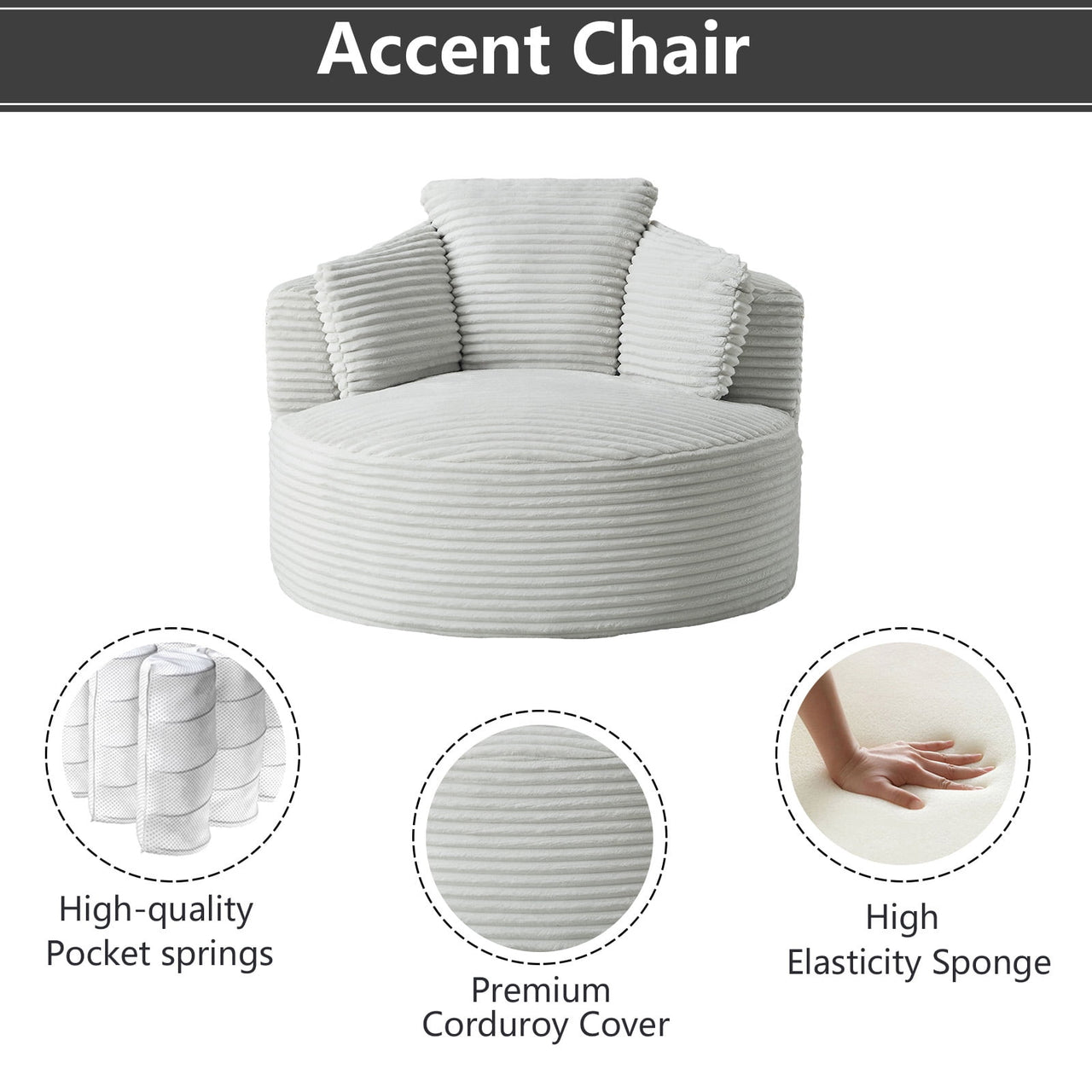 49"Oversized Round Cloud Chair, Corduroy Accent Chair for Living Room, No Assembly Compressed Sofa Seat,Light Gray