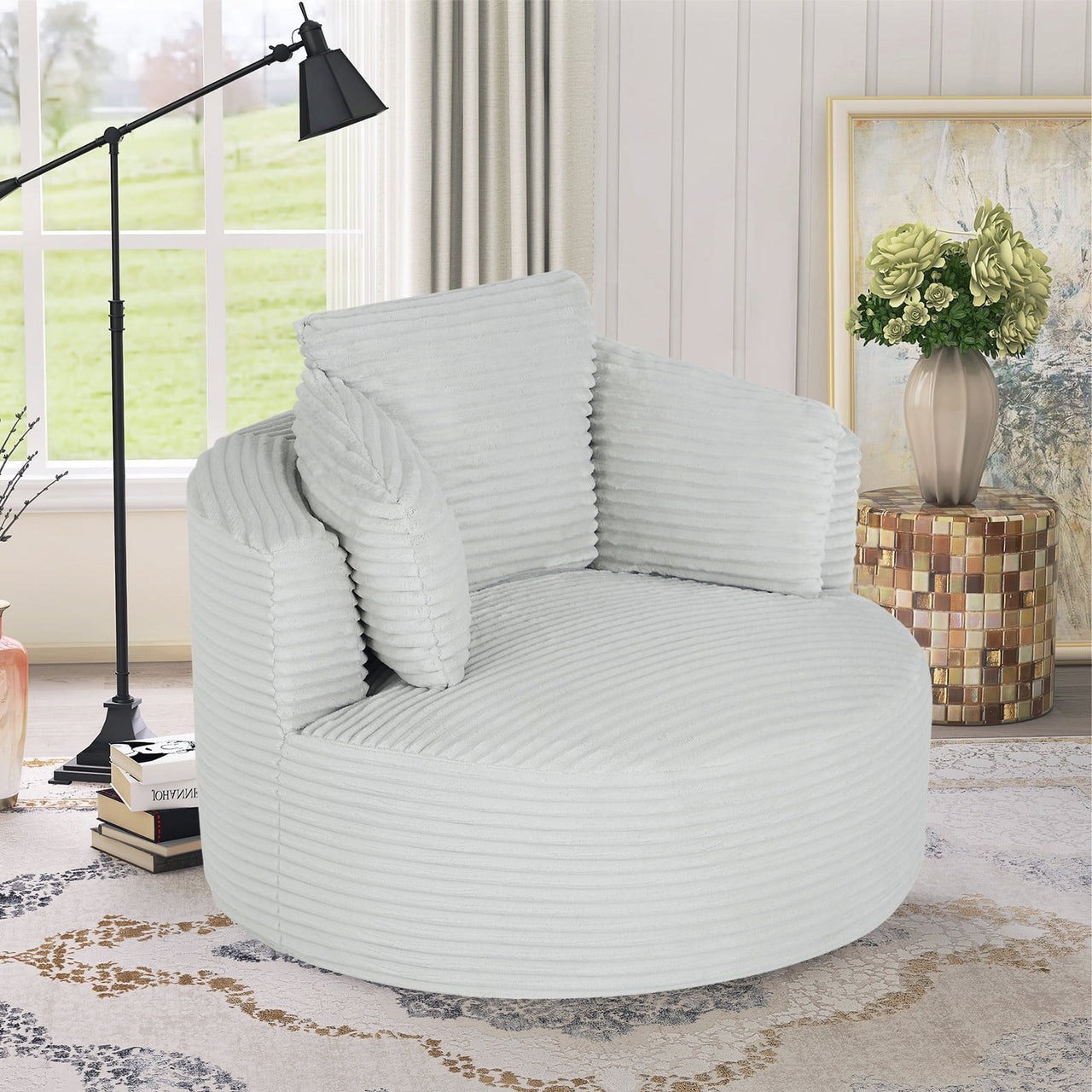 49"Oversized Round Cloud Chair, Corduroy Accent Chair for Living Room, No Assembly Compressed Sofa Seat,Light Gray