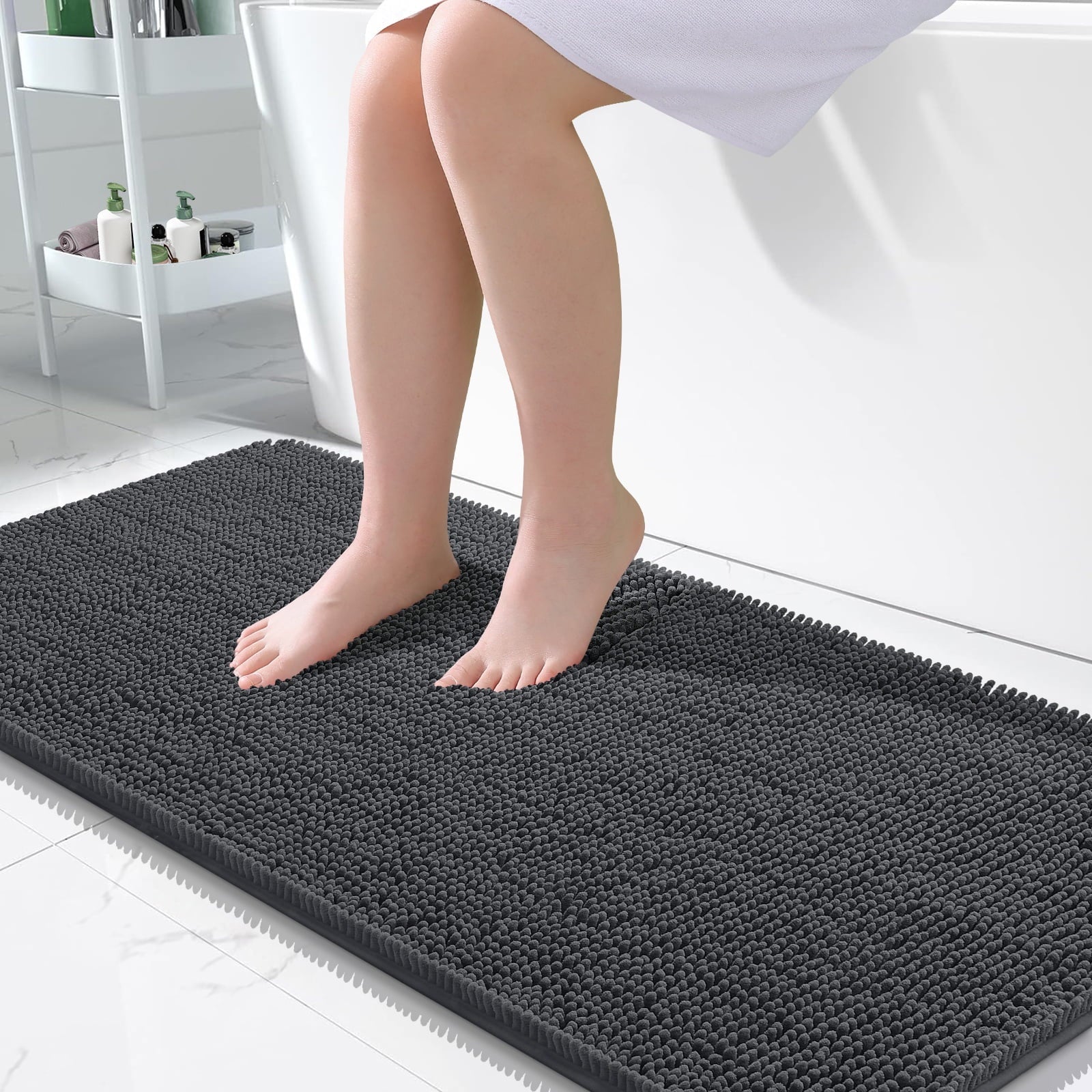 Buganda Bathroom Rugs 30x20, Quick Dry Machine Washable Chenille Bath Mats with Rubber Backing, Grey