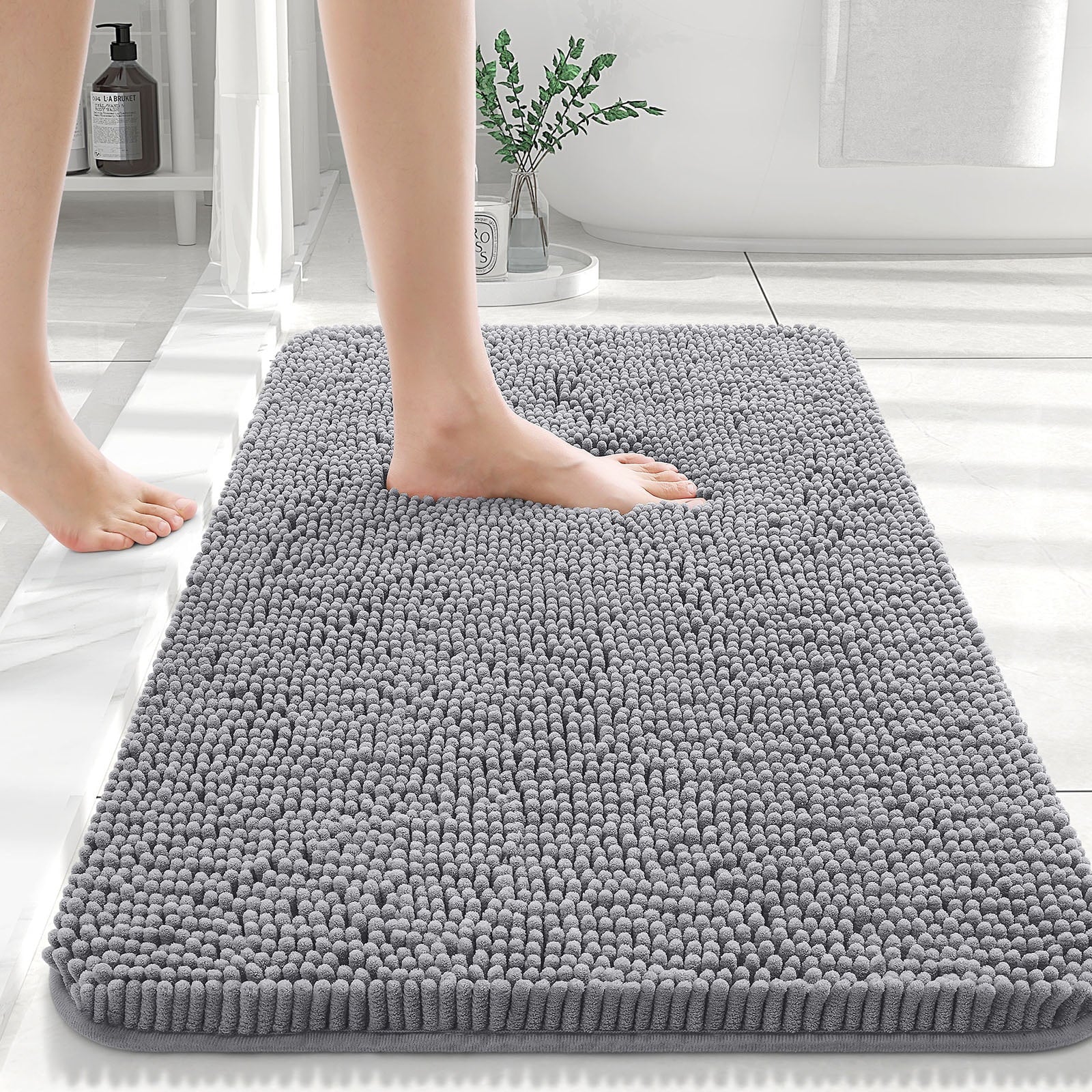 Buganda Bathroom Rugs 30x20, Quick Dry Machine Washable Chenille Bath Mats with Rubber Backing, Grey