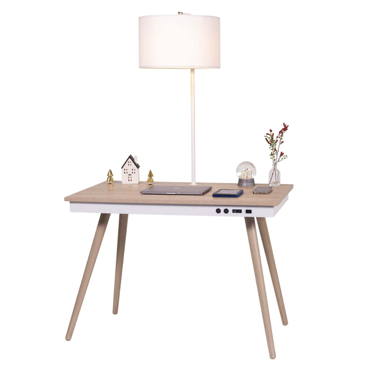 "FENLO Oval Mid-Century Modern Desk with USB-C Charging Station, 45.5"", White"