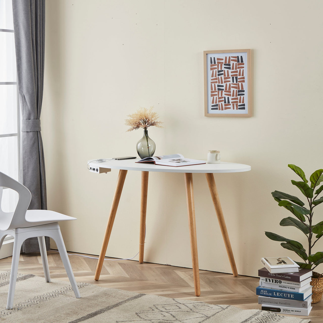 "FENLO Oval Mid-Century Modern Desk with USB-C Charging Station, 45.5"", White"