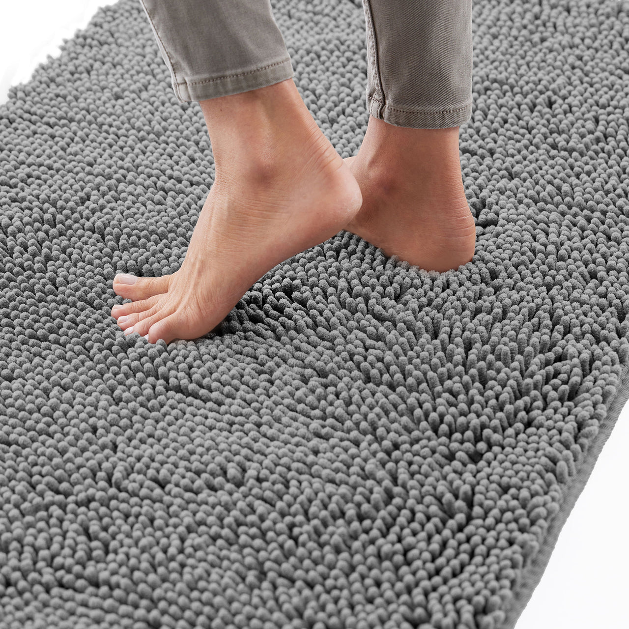 GORILLA GRIP Chenille Bath Rug 24x17, Rubber Backing Quick Dry Washable Microfiber Mats, Grey