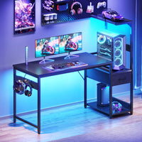 48 inch Gaming Desk with Storage & LED Lights, Reversible Computer Desk with Display Shelves & Fabric Drawer, Modern Gamer Desk Table with Side Headphone Hook, Carbon Fiber Black