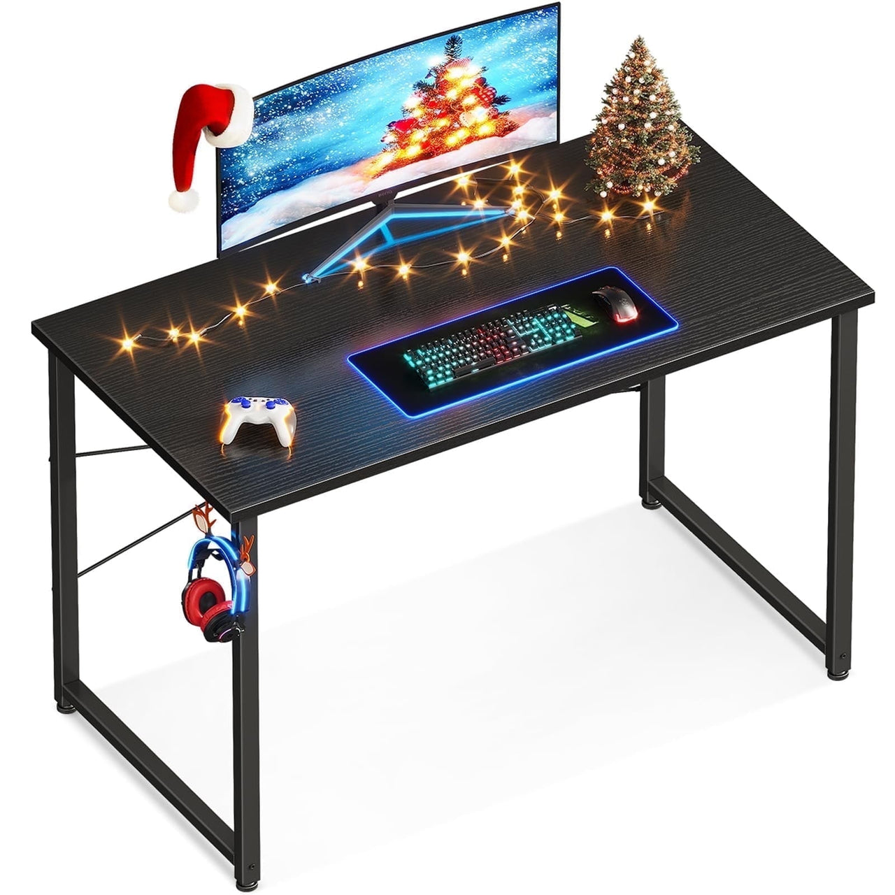 48 inch Large Computer Desk, Study Writing Table for Large Spaces, Simple Home Office Desks with Headphone Hooks, Black