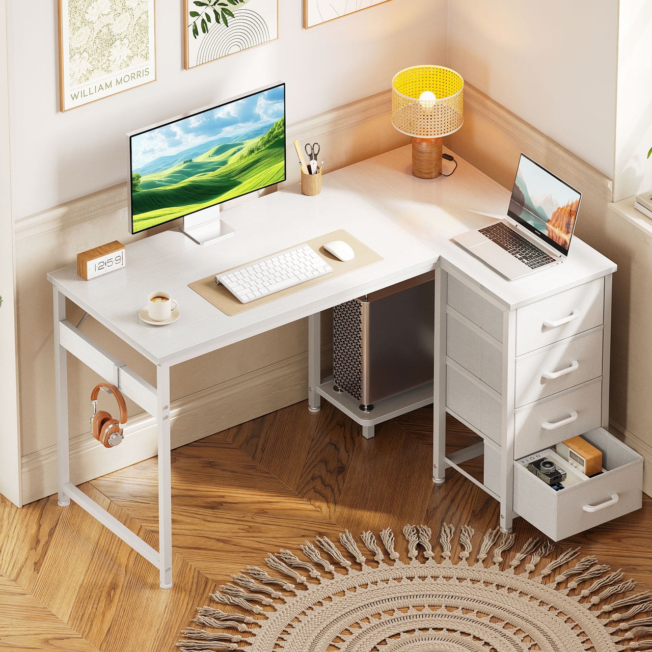 48 inch Computer Desk with 4 Fabric Drawers — Home Office Desks with Storage, Writing Desk with Side Hook,  Desk Study/Work Table for Bedroom and Small Space, White