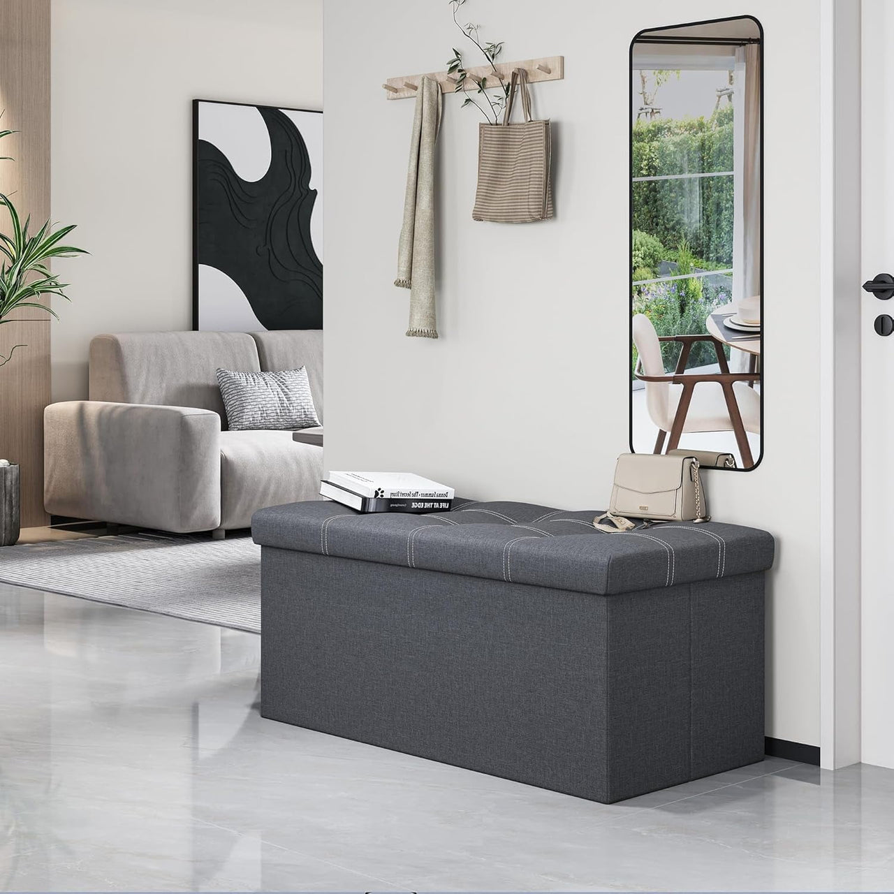 30" Storage Ottoman, Linen Fabric Footrest Stool, 80L Storage Bench, Foldable Ottomans Foot Rest, Footstool Bench for Living Room Bedroom Entryway Stool Gray 30*15*15in