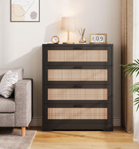 4 Drawer Dresser for Bedroom, Rattan Modern Closet Dressers Chest of Drawers, Wood Dresser for Closet, Living Room, Hallway