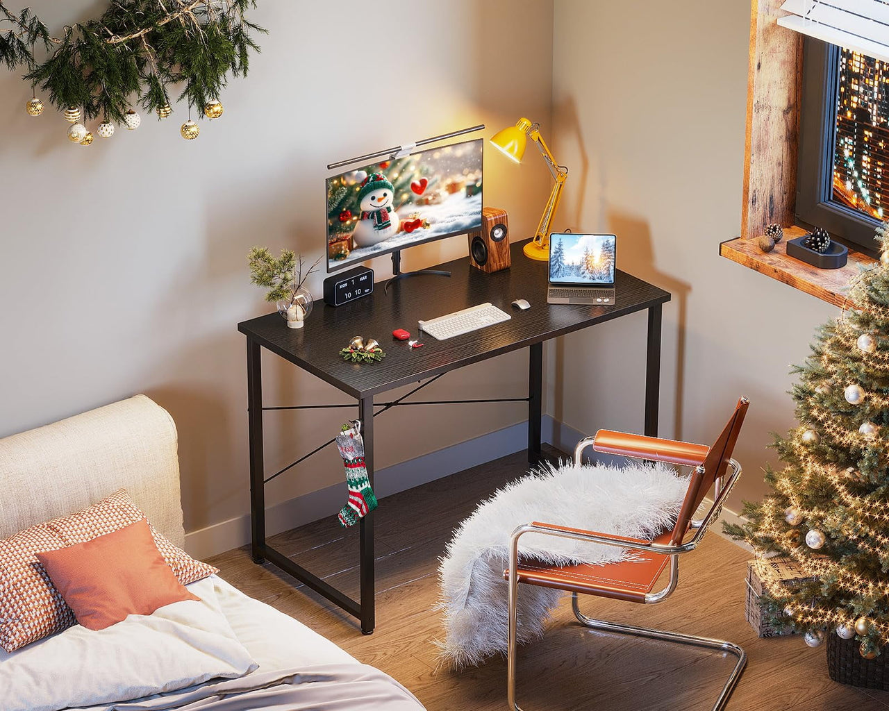 48 inch Large Computer Desk, Study Writing Table for Large Spaces, Simple Home Office Desks with Headphone Hooks, Black