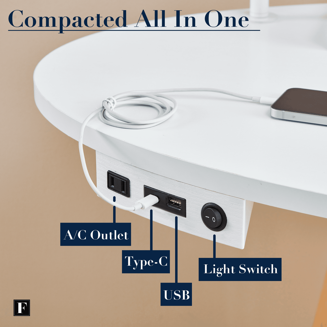 "FENLO Oval Mid-Century Modern Desk with USB-C Charging Station, 45.5"", White"